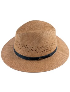 Fiebig - Headwear since 1903 Letný cognac slamený klobúk Fedora - ručne pletený - s koženou stuhou - Ekvádorská panama