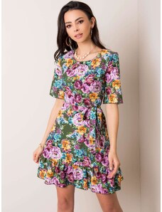 LAKERTA Letné krátke kvetinové khaki šaty s mašľou