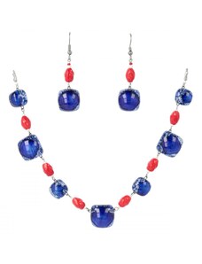 WAGA - Súprava sklenených šperkov tmavo modrá náhrdelník + náušnice SOU0303