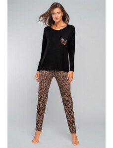 Italian Fashion Elegantné dámske pyžamo s leopardím vzorom Eila, Farba čierna-béžová