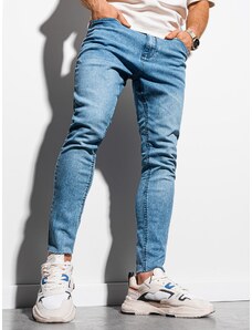 Ombre Clothing Pánske džínsové nohavice so surovým lemom SLIM FIT - svetlomodré V2 OM-PADP-0146