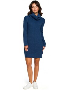 BK010 Pletené svetrové šaty s vysokým výstrihom - modré