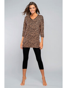 Italian Fashion Elegantné dámske pyžamo 3/4 leopardí vzor Pantera béžové, Farba čierna-béžová