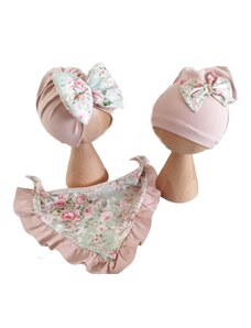ZuMa Style Detská čiapka a šatka - dievčenský set ružový so vzorom GARDEN - turban, čiapka, šatka, 0 - 6 mesiacov