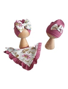 ZuMa Style Detská čiapka a šatka - dievčenský set tmavo-ružový so vzorom FLOWER - turban, čiapka, šatka, 0 - 6 mesiacov