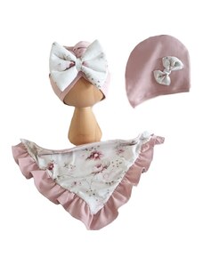 ZuMa Style Detská čiapka a šatka - dievčenský set ružový so vzorom VINTAGE - čiapka, šatka, 5 - 12 roky