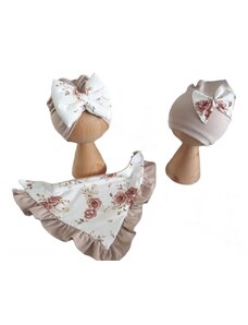 ZuMa Style Detská čiapka a šatka - dievčenský set nude so vzorom ROSE - turban, šatka, 6 - 12 mesiacov