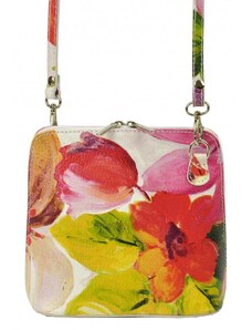 VERA PELLE Kožená malá dámska crossbody kabelka s motívom kvetov ružová