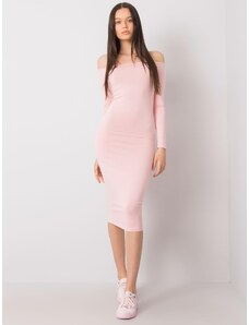 Basic Svetlo-ružové priliehavé šaty s odhalenými ramenami a dlhým rukávom