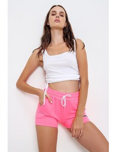 Trend Alaçatı Stili Dámske neónovo ružové mini šortky s elastickým pásom a dvojitým vreckom Yl00010