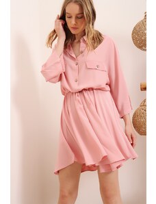 Trend Alaçatı Stili Dámske svetloružové safari tkané košeľové šaty