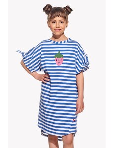 Piskacie Dievčenské šaty s jahodou, farba pásik modrý, veľkosť 98