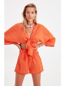 Trendyol Collection Oranžová tkaná súprava blúzkových šortiek zo 100 % bavlny viazaná