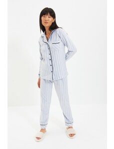 Trendyol Blue Striped Piping Detailed Sleep Band Knitted Pajamas Set