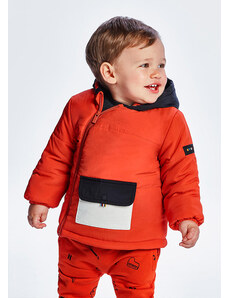 Oranžová detská teplá bundička s kapucňou, predným vreckom a bočným zapínaním Mayoral