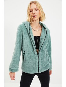 Trendyol Collection Mätový plyšový kabát so širokým strihom a zapínaním na zips s kapucňou