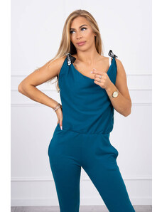 MladaModa Nohavice à la overal s ramienkom s nápisom Selfie tmavé tyrkysové
