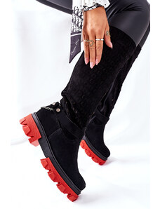 Čierne dámske semišové čižmy s retiazkou a červenou platformou Lewski Shoes