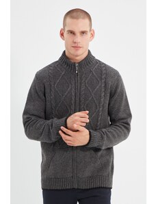 Trendyol Collection Antracitový Slim Fit úplet detailný vreckový pletený sveter na zips