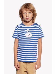 Chlapčenské detské tričko, kratky rukáv, modrý pásik, zajac, pískacie, farba , veľkosť 116