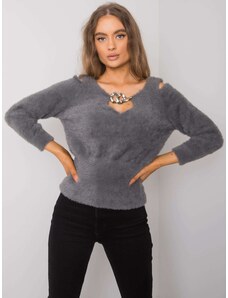 Basic Krátky sivý elegantný sveter s ozdobou vo výstrihu Leandre RUE PARIS