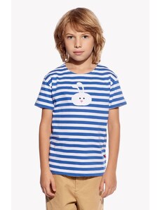 Chlapčenské detské tričko, kratky rukáv, modrý pásik, zajac, pískacie, farba , veľkosť 122