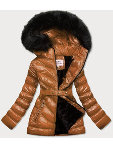 MHM Lesklá zimná bunda v karamelovej farbe s machovitou kožušinou (W673)