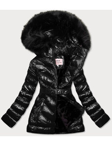 MHM Čierna lesklá zimná bunda s machovitou kožušinou (W673)