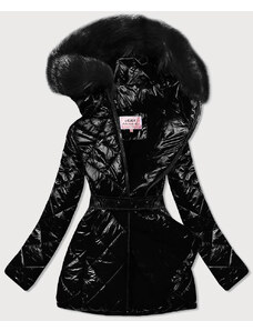 MHM Čierna lesklá zimná bunda s machovitým kožúškom as čiernou kožušinou (W756)