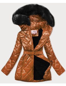 MHM Lesklá zimná bunda v karamelovej farbe s machovitým kožúškom (W756)