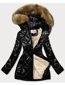 MHM Čierno/hnedá lesklá zimná bunda s machovitým kožúškom (W756)
