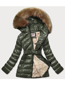 MHM Lesklá zimná bunda v khaki farbe s machovitou kožušinou (W674)