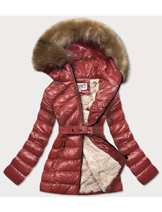 MHM Lesklá zimná bunda vo vínovej bordovej farbe s machovitou kožušinou (W674)