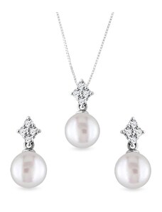 Elegantná súprava diamantových šperkov z bieleho zlata s perlami KLENOTA S6046002