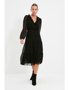 Trendyol Collection Čierne midi tkané šaty s výstrihom do V,