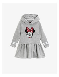 Koton Dievčenské šedé šaty s kapucňou Minnie Mouse s potlačou a dlhým rukávom