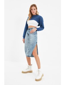 Trendyol Collection Modrá rozparkovaná midi džínsová sukňa