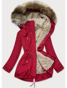 MHM Červeno-tmavo béžová dámska zimná bunda s machovitým kožúškom (W553)