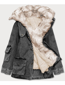 S'WEST Čierno / béžová dámska džínsová bunda s kožušinovým golierom (BR9585-1046)
