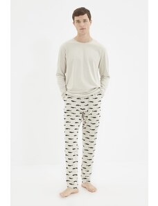 Trendyol Collection Béžová súprava pleteného pyžama Regular Fit s potlačou