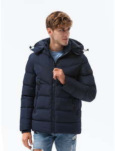 Ombre Clothing Pánska zimná bunda s neobvyklým prešívaním - tmavomodrá V4 OM-JAHP-0127