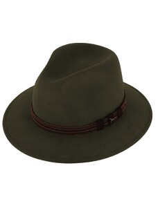 Fiebig - Headwear since 1903 Zimný poľovnícky klobúk od Fiebig - olivový s koženou stuhou a ozdobou v tvare loveckého psa