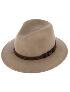 Fiebig - Headwear since 1903 Zimný poľovnícky klobúk od Fiebig - béžový s koženou stuhou a ozdobou v tvare loveckého psa