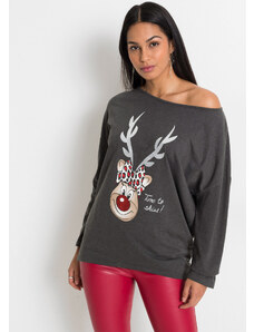 bonprix Tričko s odhalenými pleciami s vianočným motívom, farba šedá