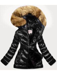 MHM Čierno-hnedá lesklá zimná bunda s machovitou kožušinou (W673)