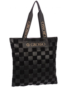 Čierna mäkká shopper dámska kabelka s prepletaným šachovnicovým vzorom S688 GROSSO