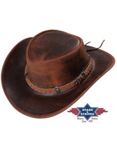 Kožený hnedý western klobúk - Stars and Stripes kožený klobúk