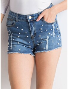 Fashionhunters Blue denim shorts with pearls and rifts
