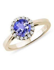 Zlatý halo prsteň s tanzanitom a diamantmi KLENOTA K0030113
