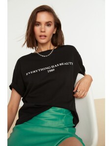 Trendyol Collection Čierna 100 % bavlna Slogan s potlačou Uvoľnený/široký uvoľnený strih Posádka Krk Pletené tričko